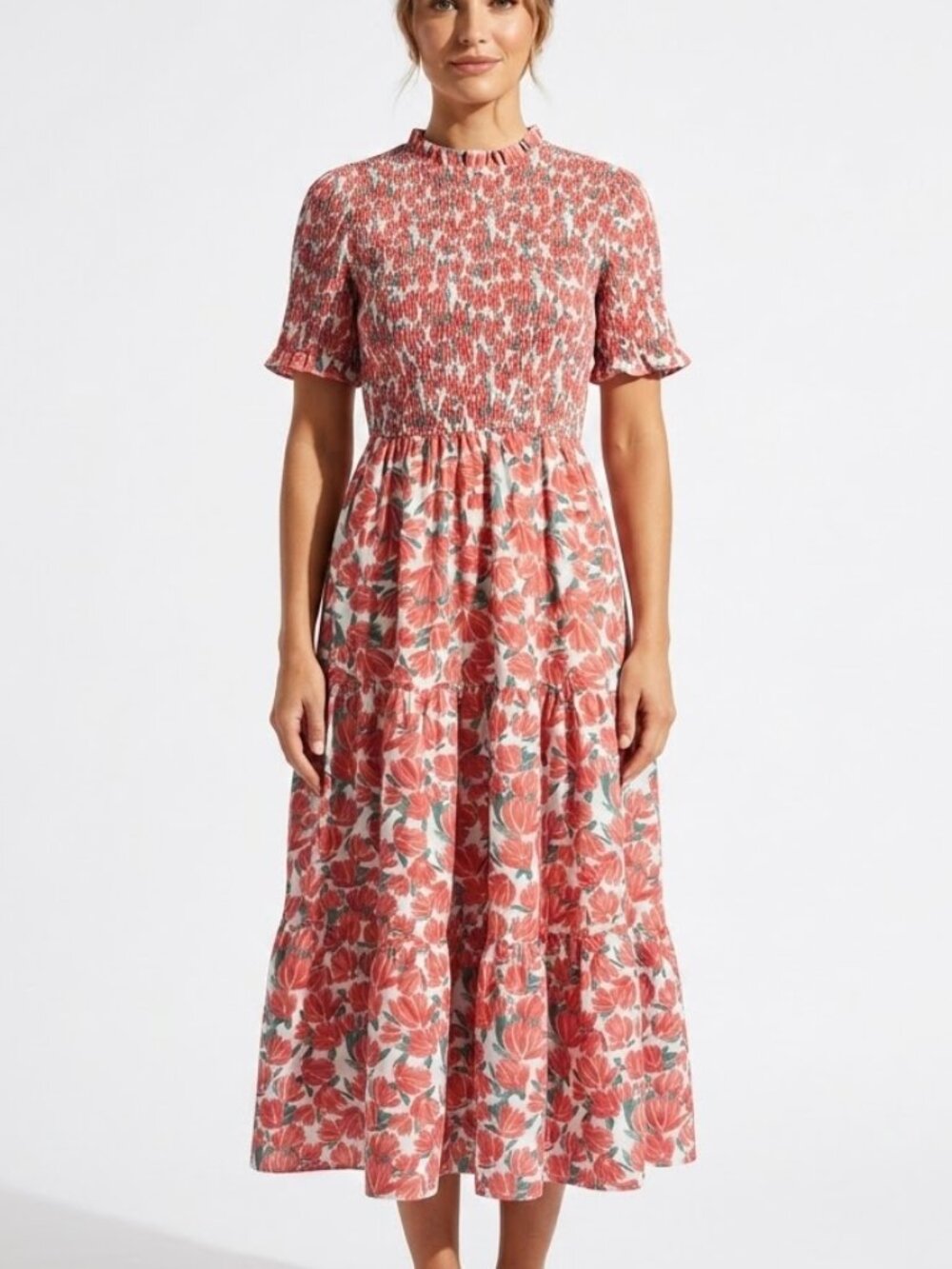 HAYDEN Los Angeles Cottagecore Floral Smocked Tiered Midi Dress L
